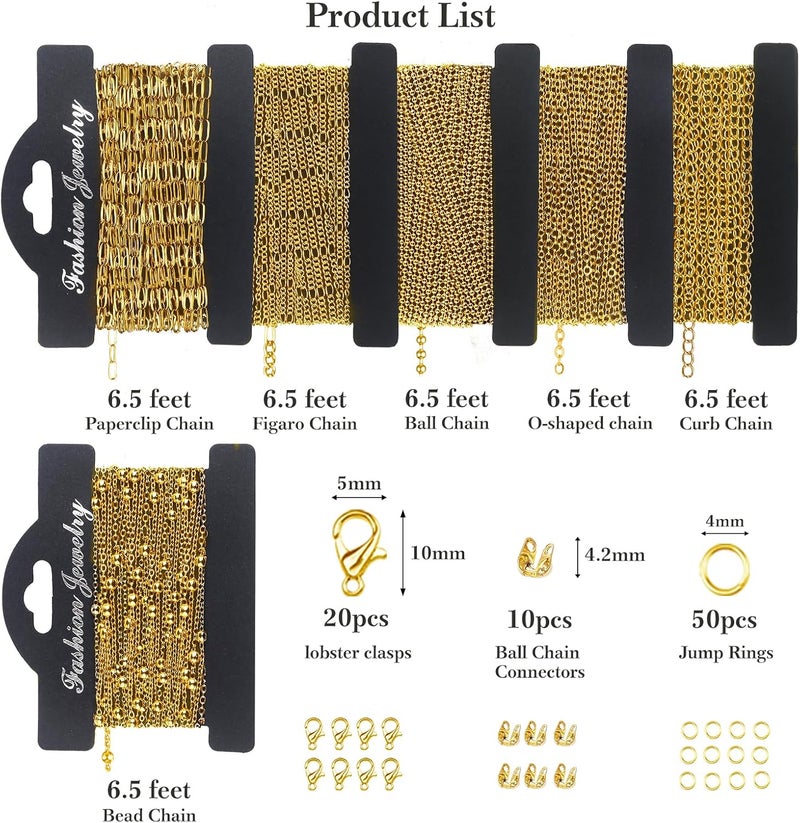 Ecoofor 18k Gold Necklace Chains for Jewelry Making, 39.3 Feet 6 Rolls Bracelet Chains for DIY,6.5Feet Each Style, Gold Chain with Jump Rings/Lobster Clasps/Connectors - Image 4